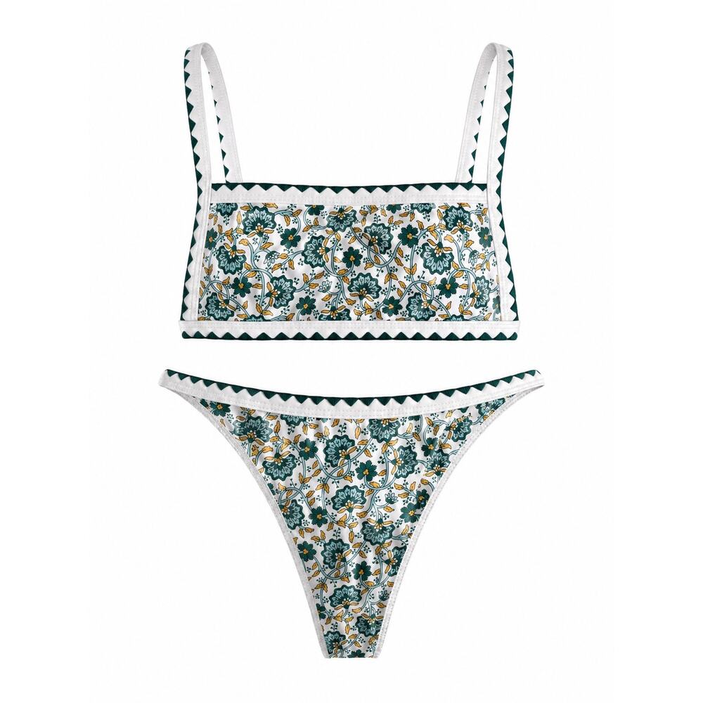 SHEIN Floral Print Bikini Set Green White Scallop Trim High Leg Swimsuit Medium